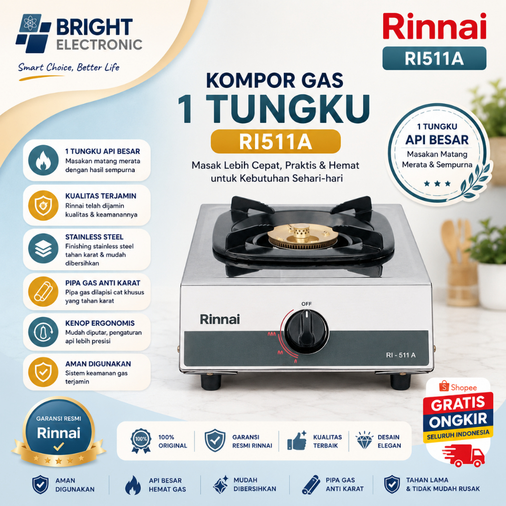 Rinnai Kompor 1 Tungku RI511A - Kompor Gas 1 Tungku RI511A/RI 511 A/RI511A/RI511 A/RI-511A/RI-511 A