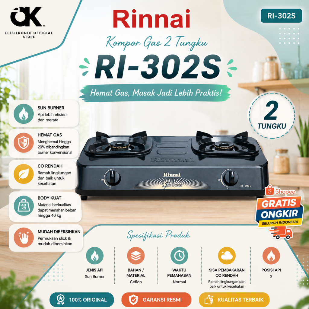 RINNAI KOMPOR GAS 2 TUNGKU RI 302S KOMPOR RI 302 S/RI302S/RI-302S/RI 302 S/ORIGINAL RINNAI /GARANSI