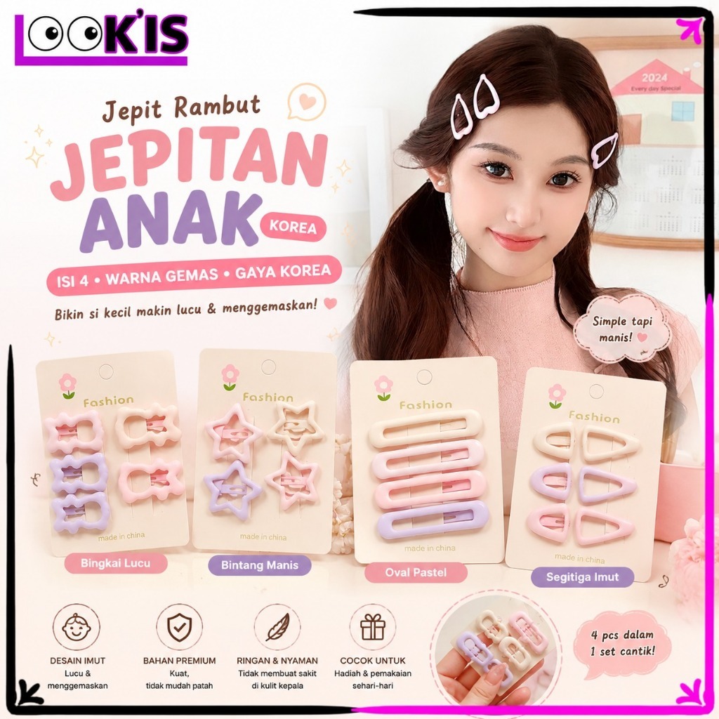 LOOKIS Jepit Rambut Jepitan Anak Korea Isi 4 Bentuk Lucu Warna Warni Pastel Poni Hair Pin Set Akseso