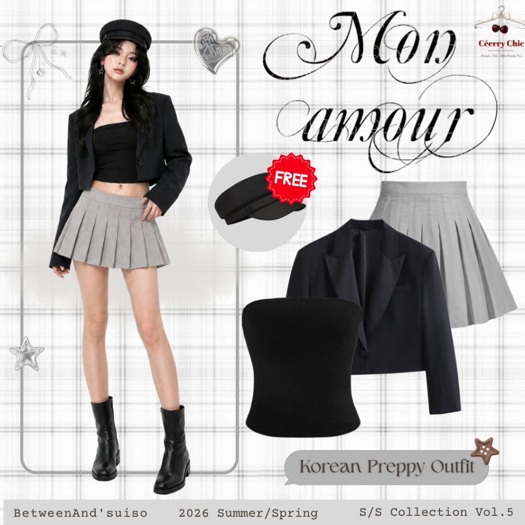 Setelan Korean Dark Preppy Academia 3IN1 Style | Blazer Crop + Top Kemben + Rok Mini + Topi | CR161