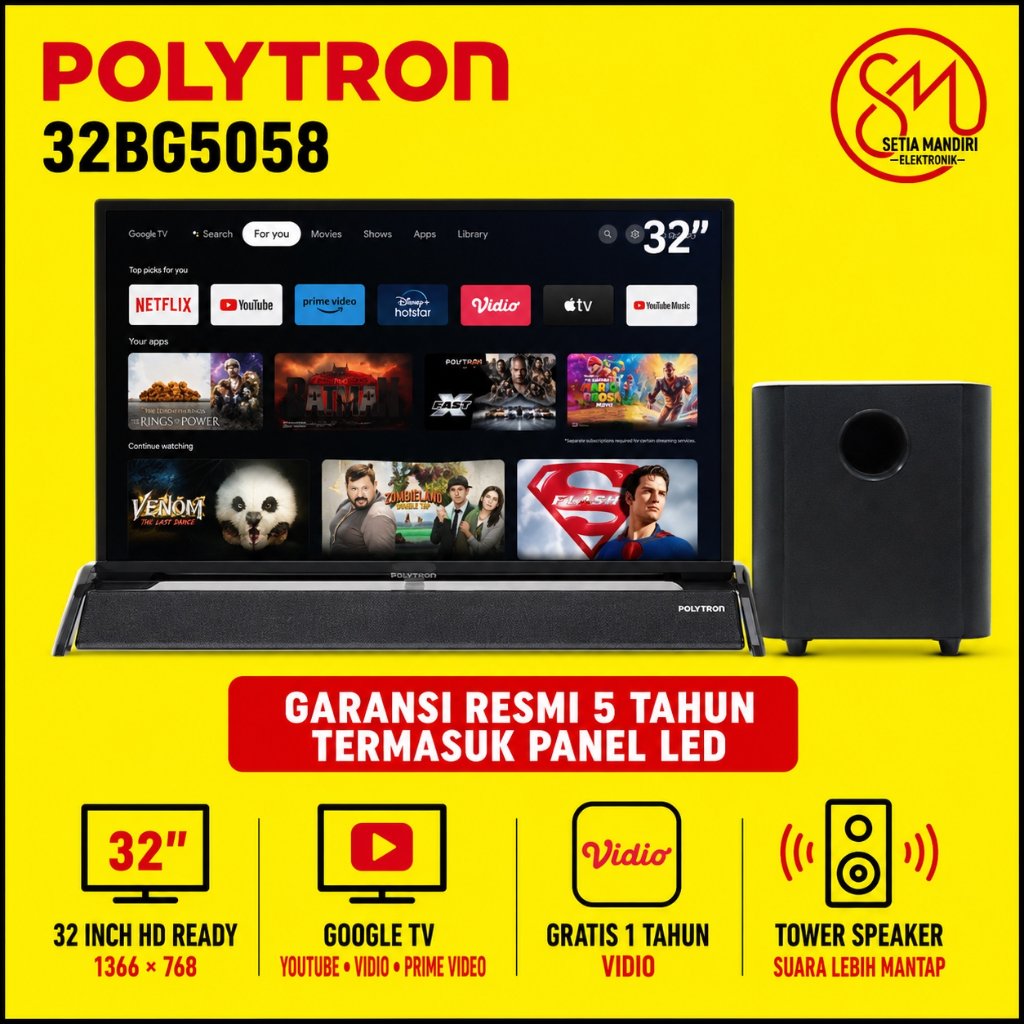 POLYTRON Smart Google TV LED 32 Inch HD Soundbar Tower Speaker - 32TG9055 32BG5058 32RG5059 [KARGO]