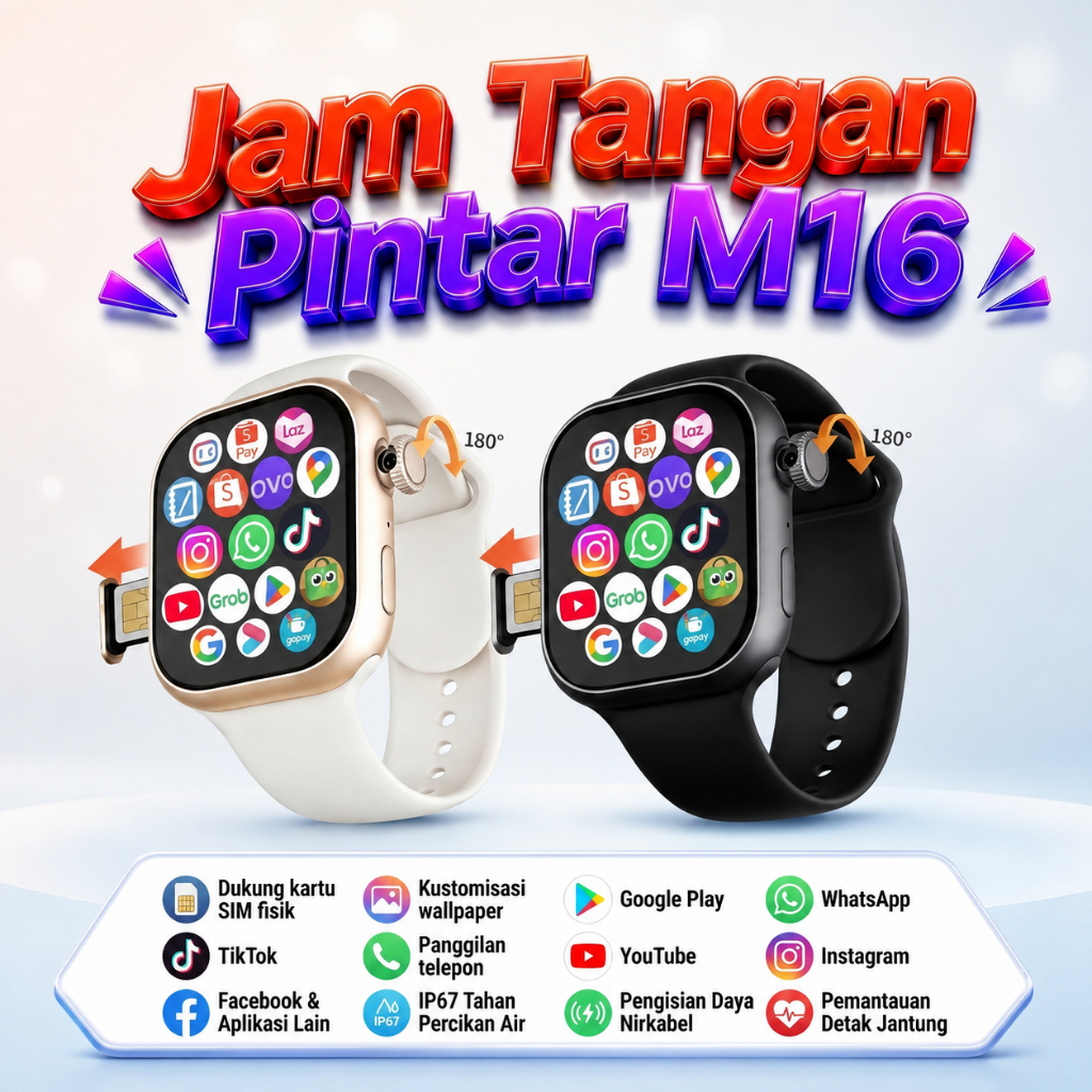 Smartwatch M16 4G Support SIM Video Call GPS WiFi Kamera untuk Pria & Wanita dengan Garansi Lokal