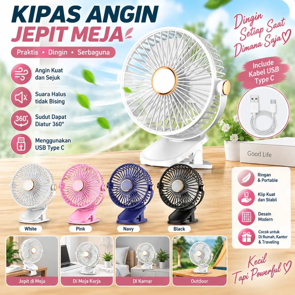 NEW Kipas Klip Desktop 963 Kipas Angin Isi Ulang USB dengan Lampu Malam Bisu Kipas Angin Mini Siswa 