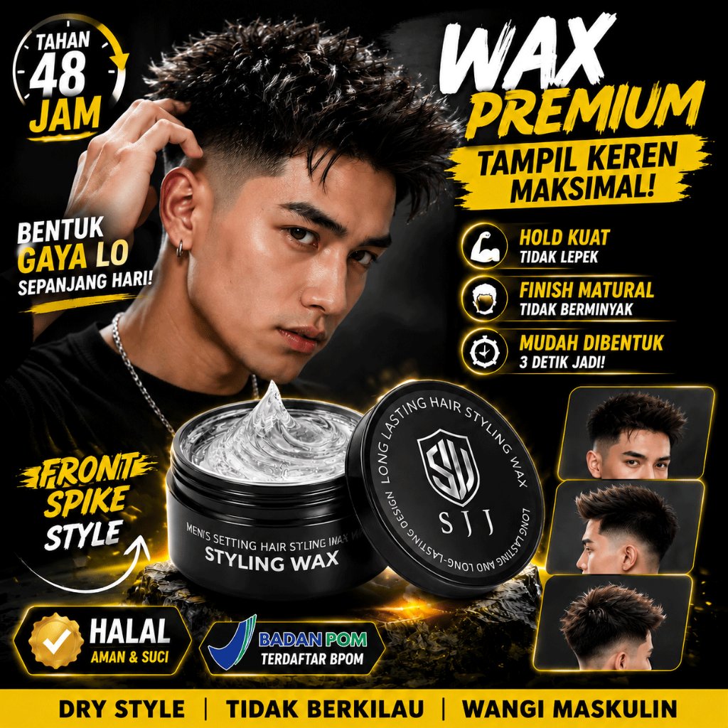 SJJ Men's Hair Styling Wax Premium, Hold Kuat, Finish Matte, Tahan 48 Jam, HalalPower Shine Waterbas