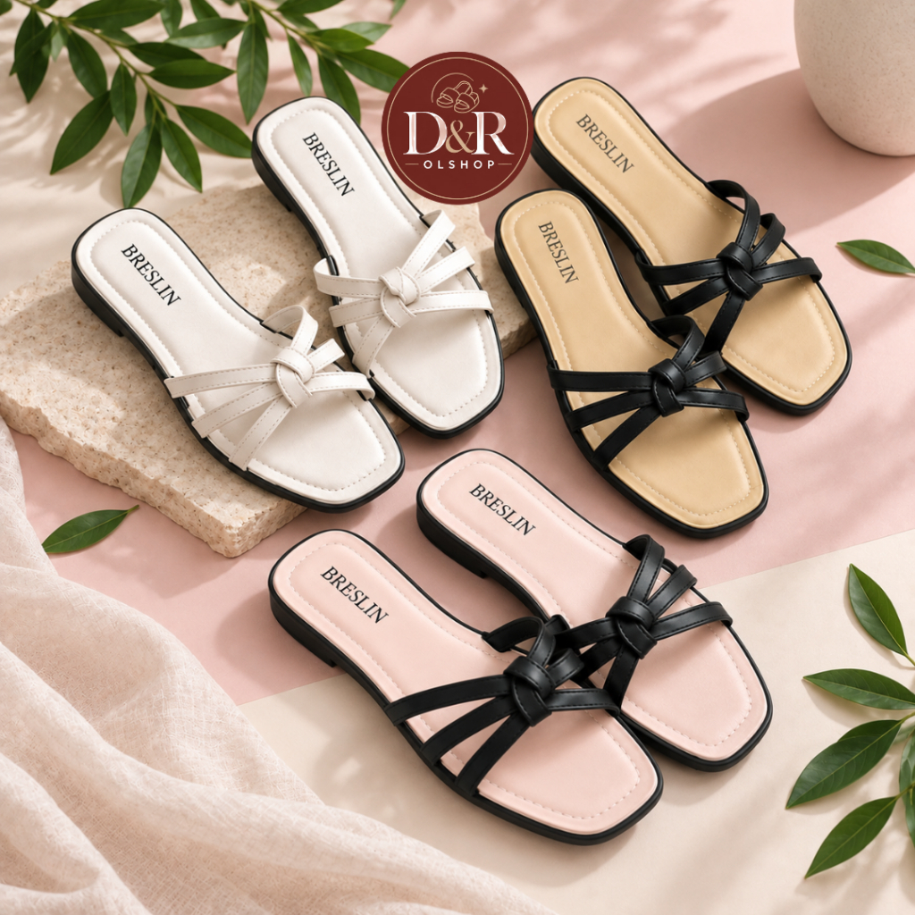 Sandal Wanita BRESLIN Slip On Tali Cross Model Flat Casual