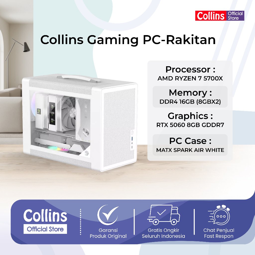 [White Edition] Collins Gaming PC-Rakitan AMD Ryzen 7 5700X RTX 5060 8GB | 32GB/1TB -PC Gaming Rakit