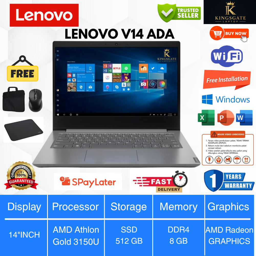 LENOVO V14 ADA AMD Athlon Gold 3150U - RAM 8GB SSD 512GB 14"Inch HD Windows 10 + Microsoft Office