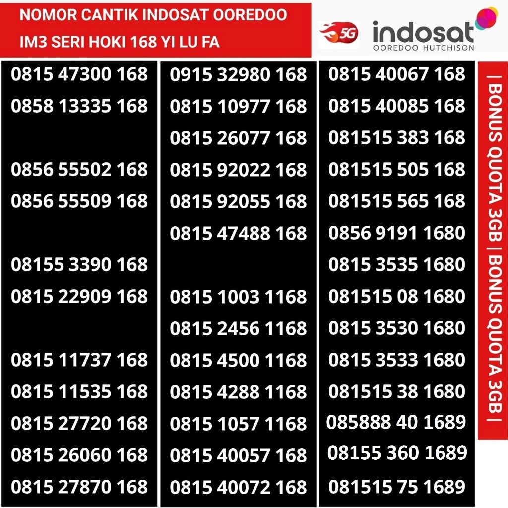 nomer cantik hoki yi lu fa 168 indosat ooredoo kartu perdana nomor im3 4G 5G quota freedom 3GB