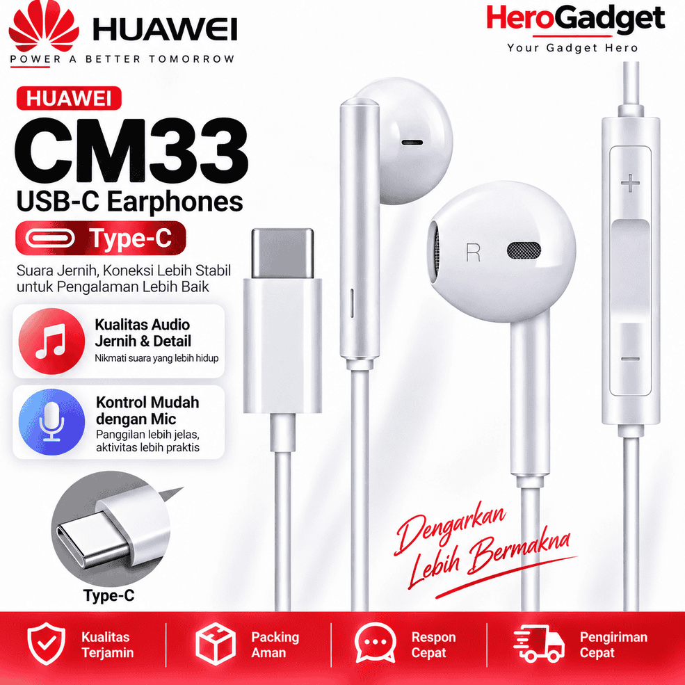 Headset Huawei CM33 Type C Original Full Bass Stereo Earphone P20 P30 Pro