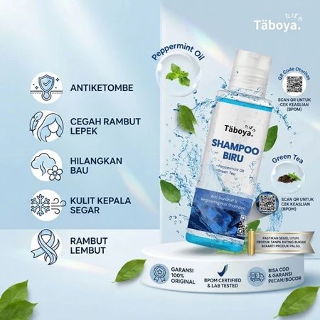 Taboya Shampoo Biru - Sampo Anti Ketombe dan Rontok, Anti Ketombe dan Gatal - Peppermint Oil & Green