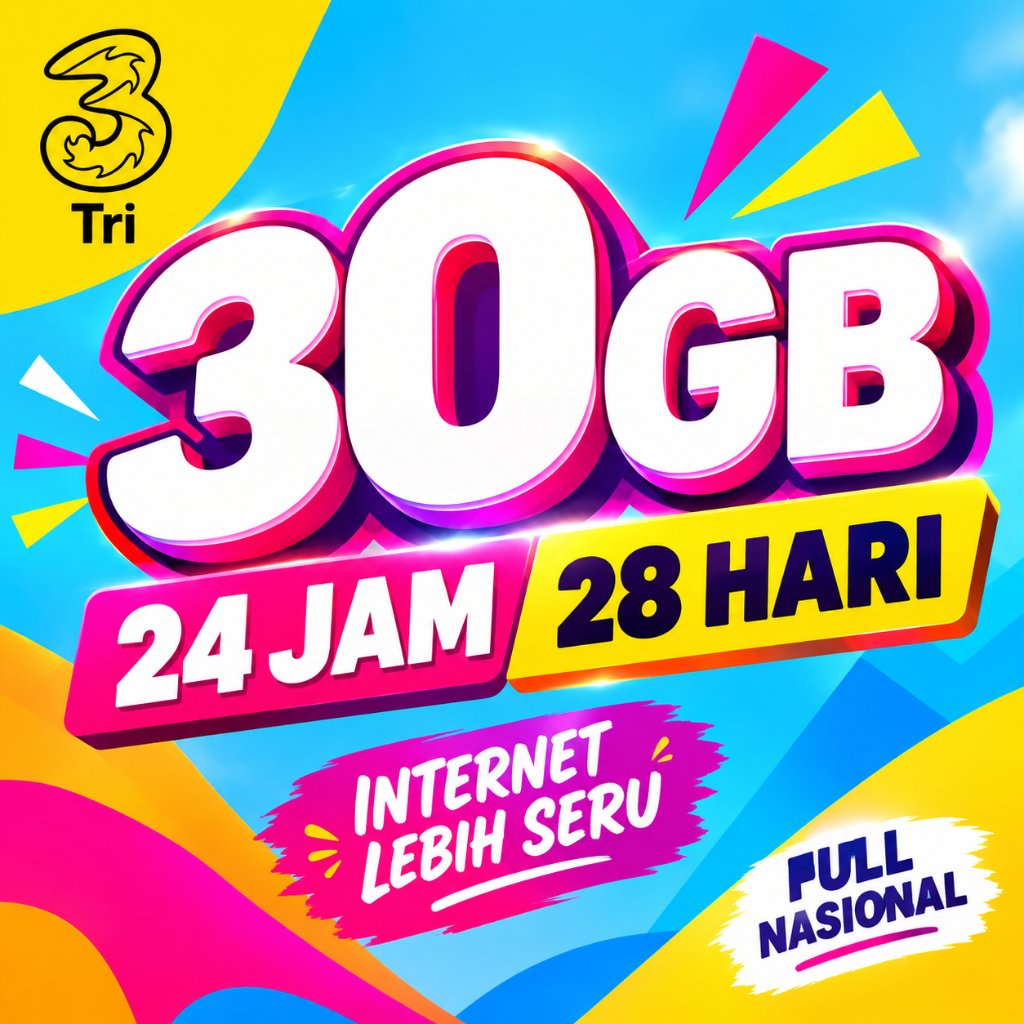 Kuota Tri 30GB 24 Jam 28 Hari Full Nasional | Internet Murah Tri 30GB 24 Jam 28 Hari Nasional Kuota 