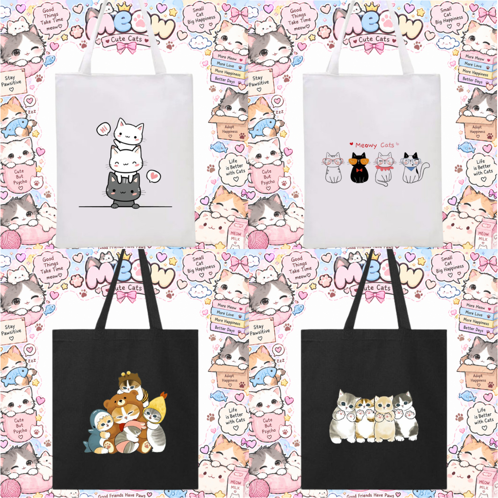 Totebag Tote Bag Motif Cat kucing Lucu Kanvas Korea Tas Goodie Bag Ulang Tahun Anak Cute