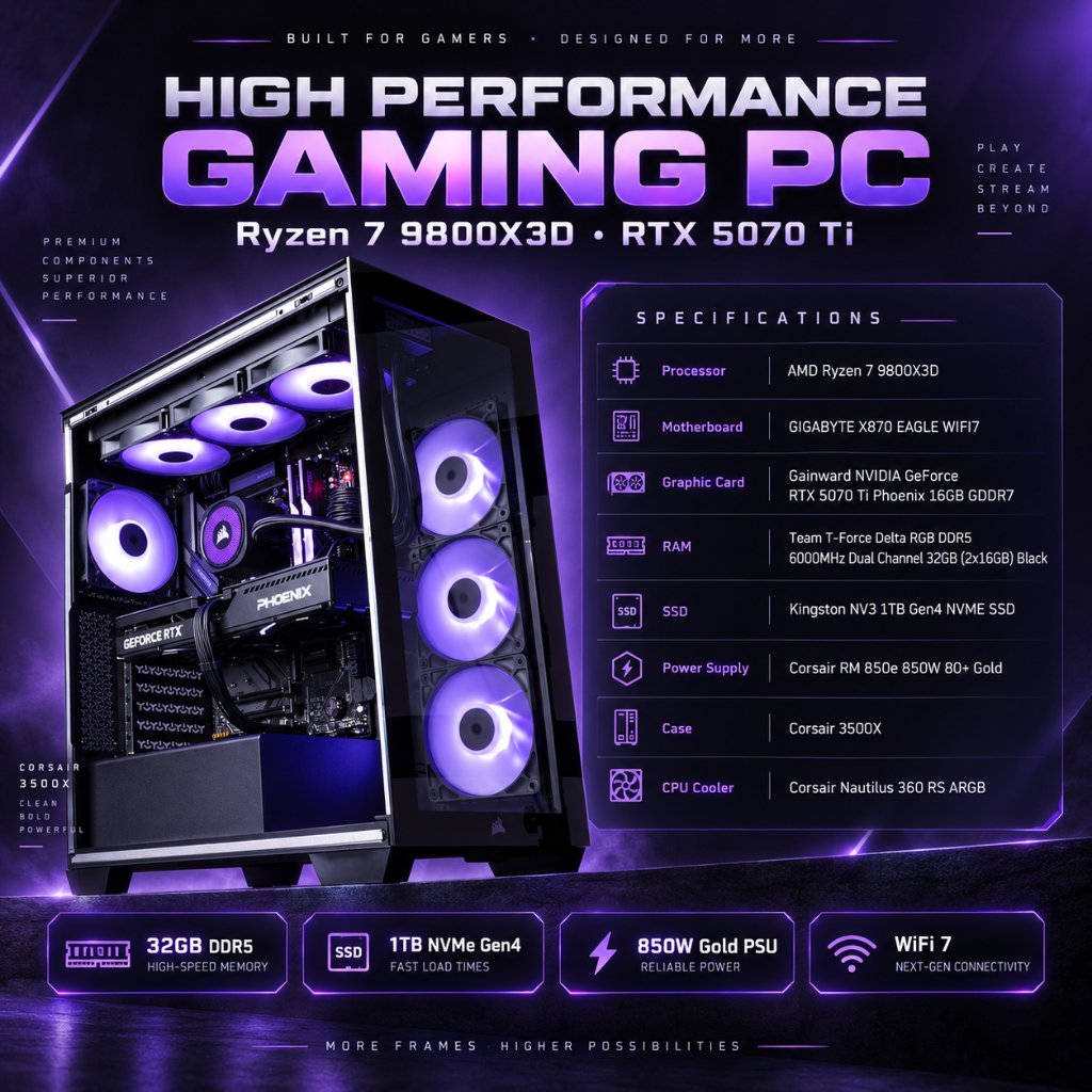 PC GAMING CUSTOM AMD Ryzen 7 9800X3D | RTX 5070TI 16GB | DDR5 32GB | NVMe 1TB | AIO 360 ARGB