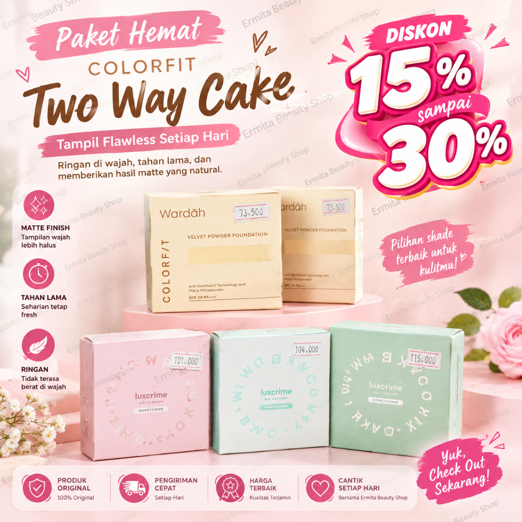 Paket Hemat Colorfit Two Way Cake Wardah Velvet Powder Foundation dengan Luxcrime Air Cushion