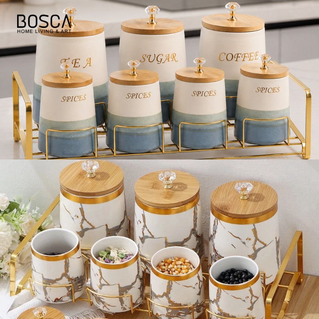 Bosca Living - Spice Jar Set / Set Tempat Bumbu Dapur Estetik Cantik / Wadah Keramik / Tempat Penyim