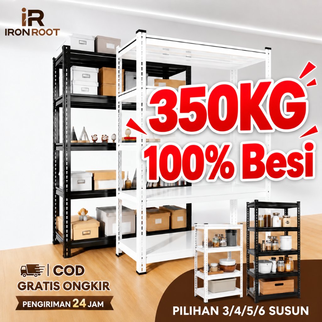 IRONROOT Rak Besi Siku 5/6 Susun Heavy Duty 350KG/Tingkat 100% Besi Tebal Kokoh Rak Gudang Rak Serba