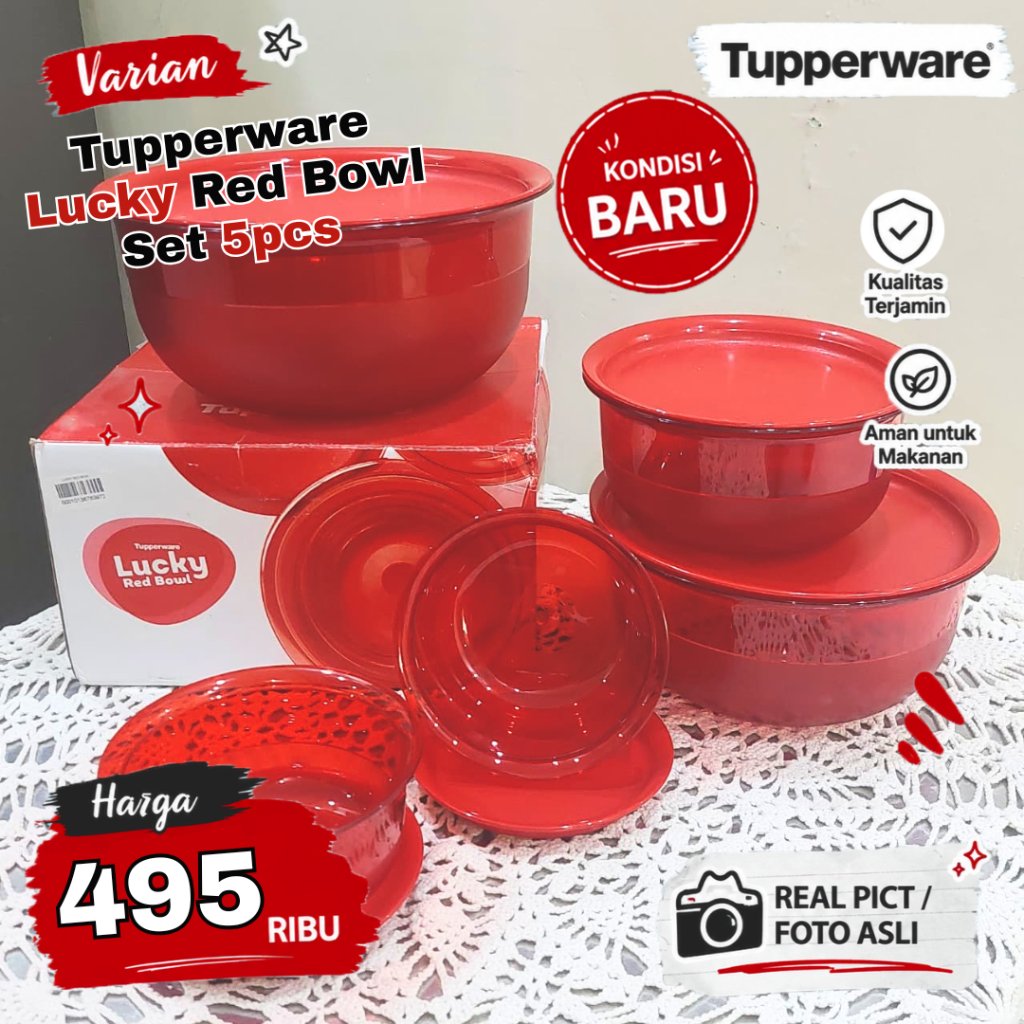 Tupperware Lucky Red Crystal Clear Bowl Set (5 pcs) with Box | Red | Original | New Condition | Neve
