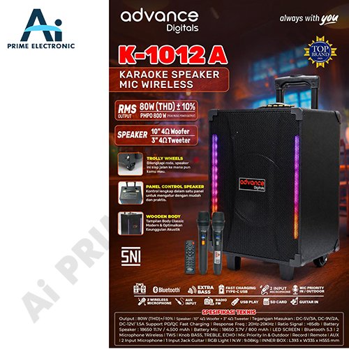 ADVANCE K-1012 A Speaker Portable Karaoke Bluetooth  Woofer 10 Inch Free 2 Mic Wireless