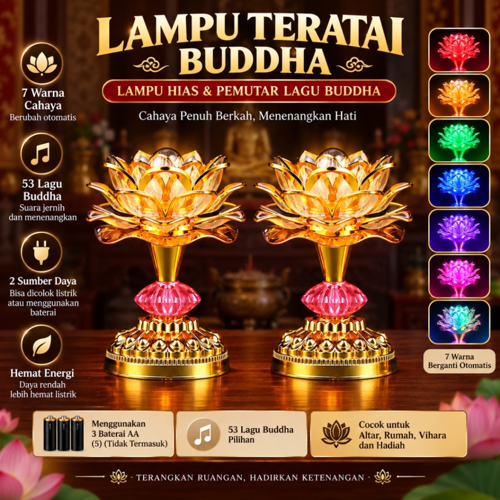 DW DF002 Lampu Lotus Buddha 7 Warna LED + 53 Lagu Buddha Radio Pemutar Buddha, Lampu Teratai Buddha 