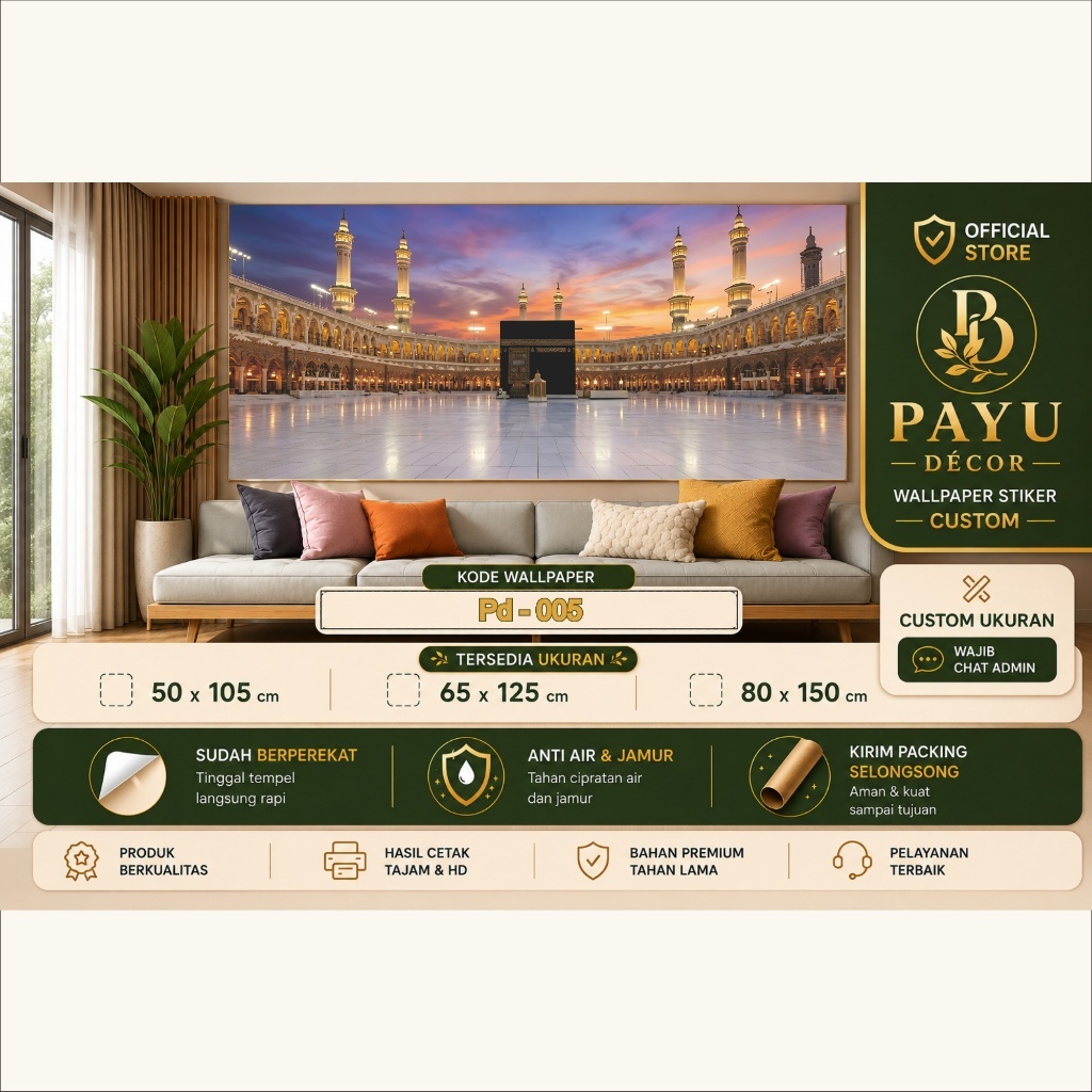 Wallpaper Custom 3D Gambar Ka'bah Mekkah Mewah , Stiker Wallpaper 3D Motif Ka'bah Untuk Ruang Tamu