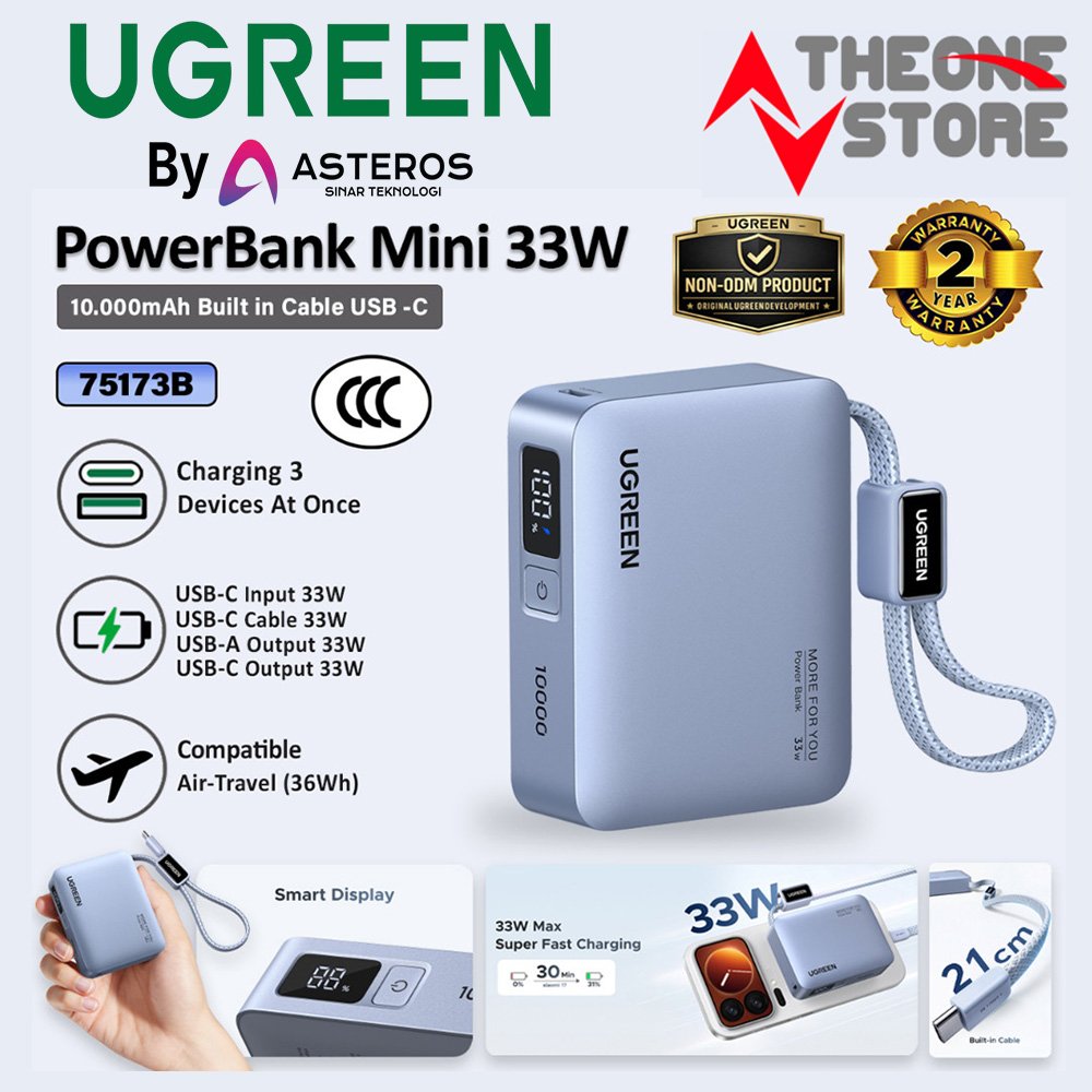 UGREEN Nexode Powerbank 10000mah Super Mini Built-in Cable Type C Fast Charging 33W
