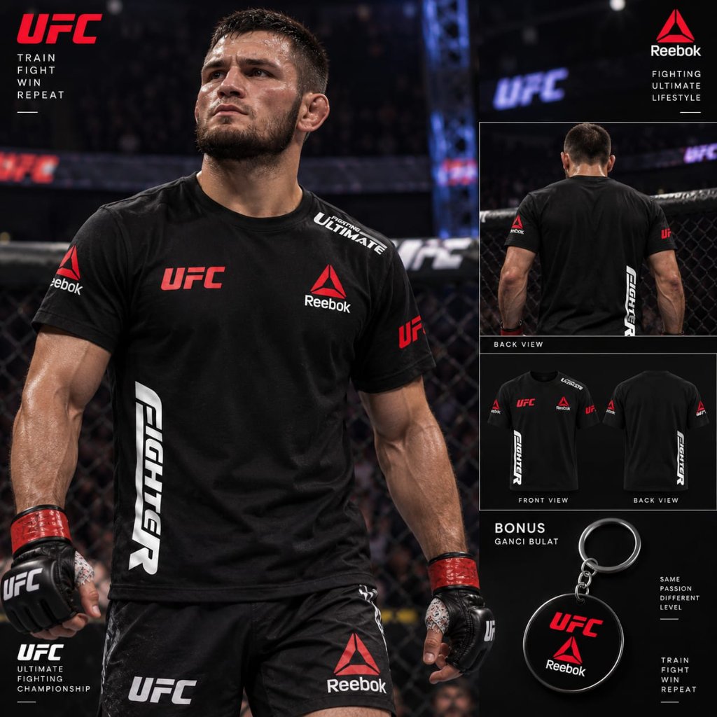 Kaos Pendek Panjang, Hoodie Jumper Zipper, Jaket Varsity + Topi Jaring UFC x REEBOK FIGHTER Bahan Co