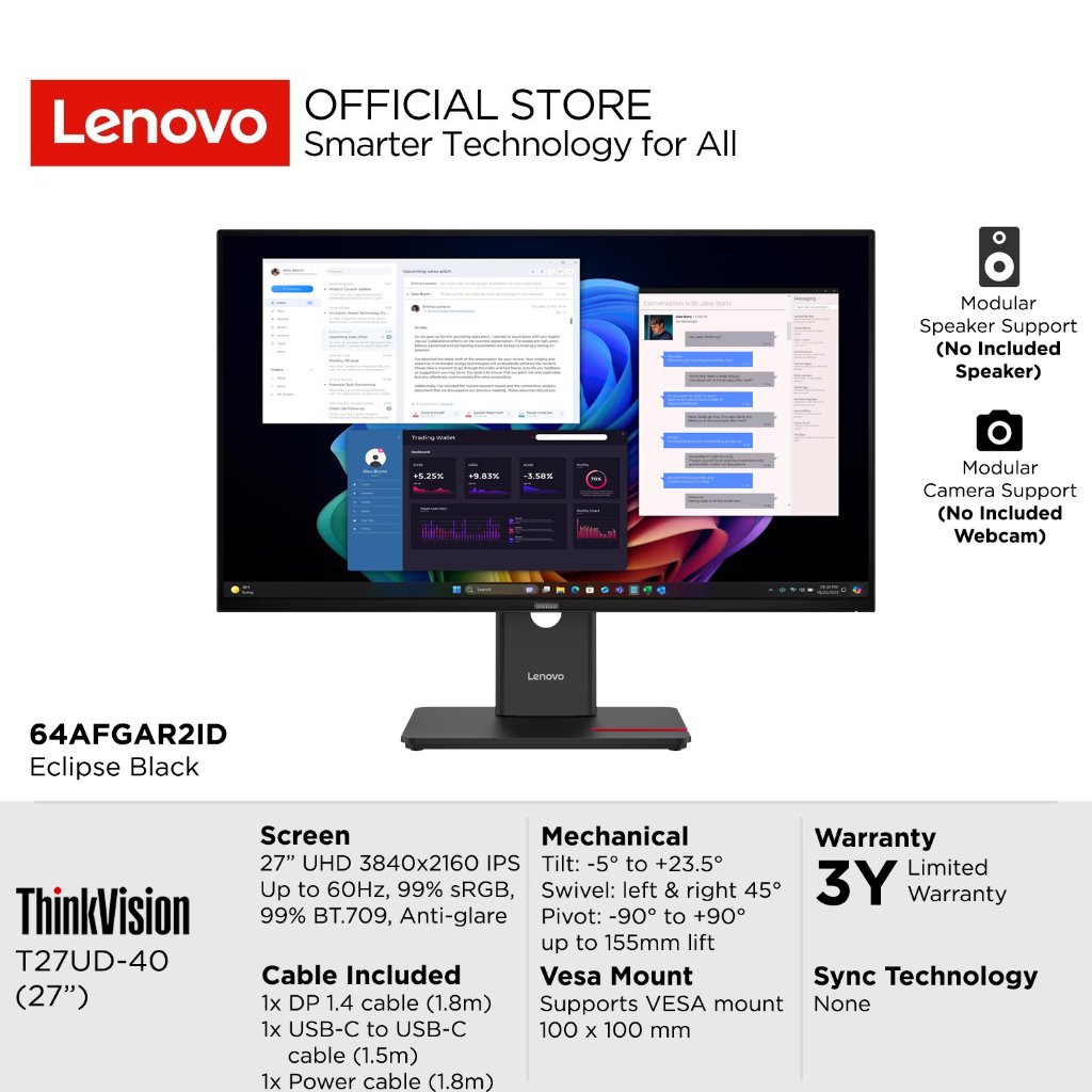 Lenovo Monitor ThinkVision T27UD-40 - 27 inch 4K UHD IPS Up to 60Hz 99% sRGB 99% BT.709 WLED Anti-gl