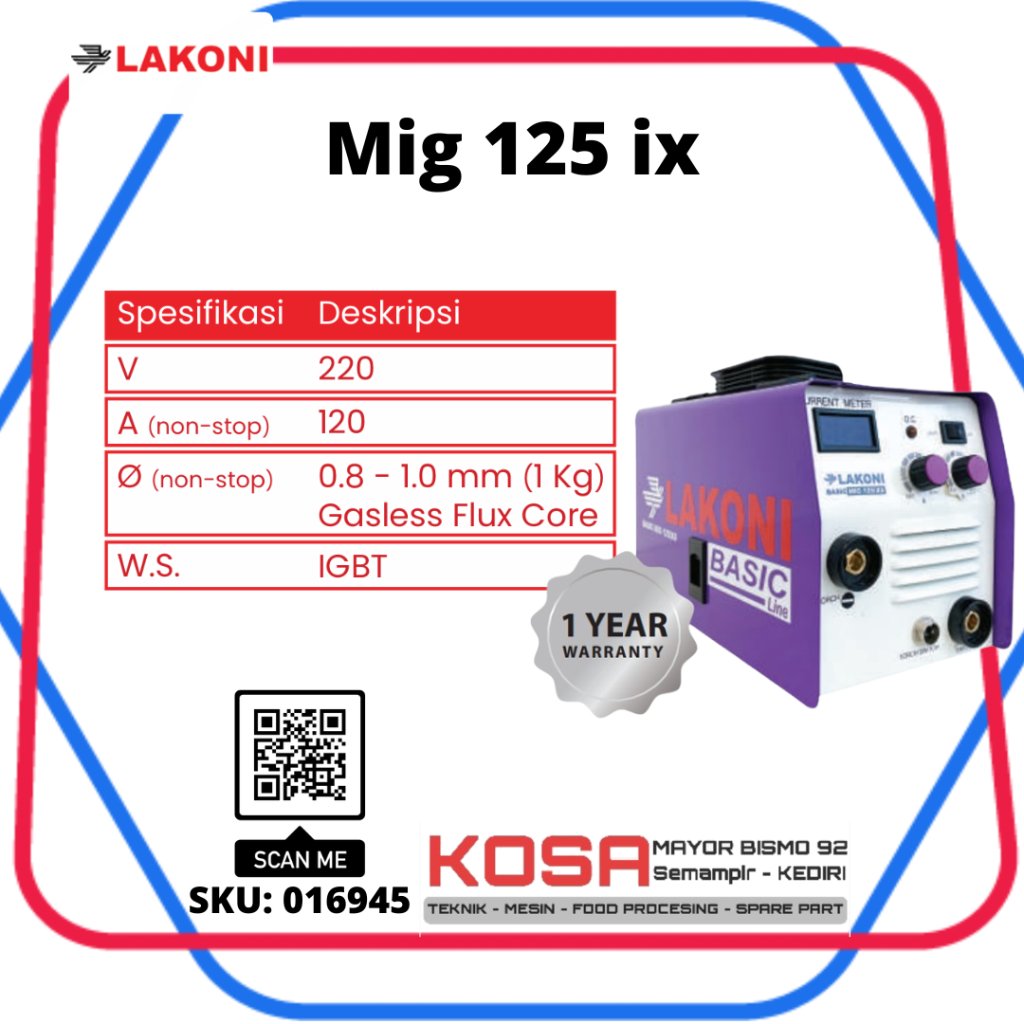 LAKONI MIG 125ix Travo Las MIG Gasless 120A LAKONI Travo Las MIG tanpa gas