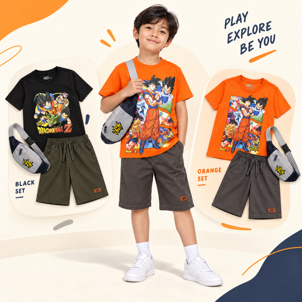 6-10 Thn Setelan Celana Pendek Chino Anak Laki Laki Cowok Setelan Superhero Dragon Ball