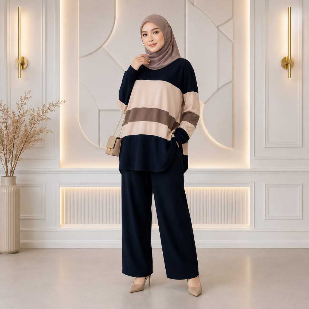 Yora Set Wanita Bahan Kaos Knit Hayako Premium Tebal Melar All Size L XL Setelan Atasan Lengan Panja