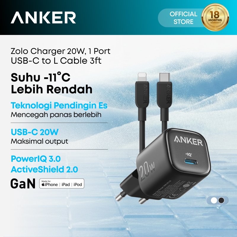 Anker Zolo Adaptor Kepala Charger MFI iPhone 11 12 13 14 PD Type C to Lightning Fast Charging 20W 30