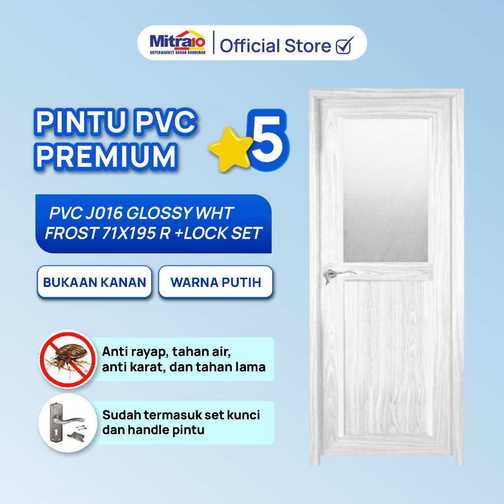 Pintu Kamar Mandi WC Toilet PVC Bukaan Kanan/Kiri J016 71x195cm Putih - Tidy [INCLUDE PACKING KAYU]