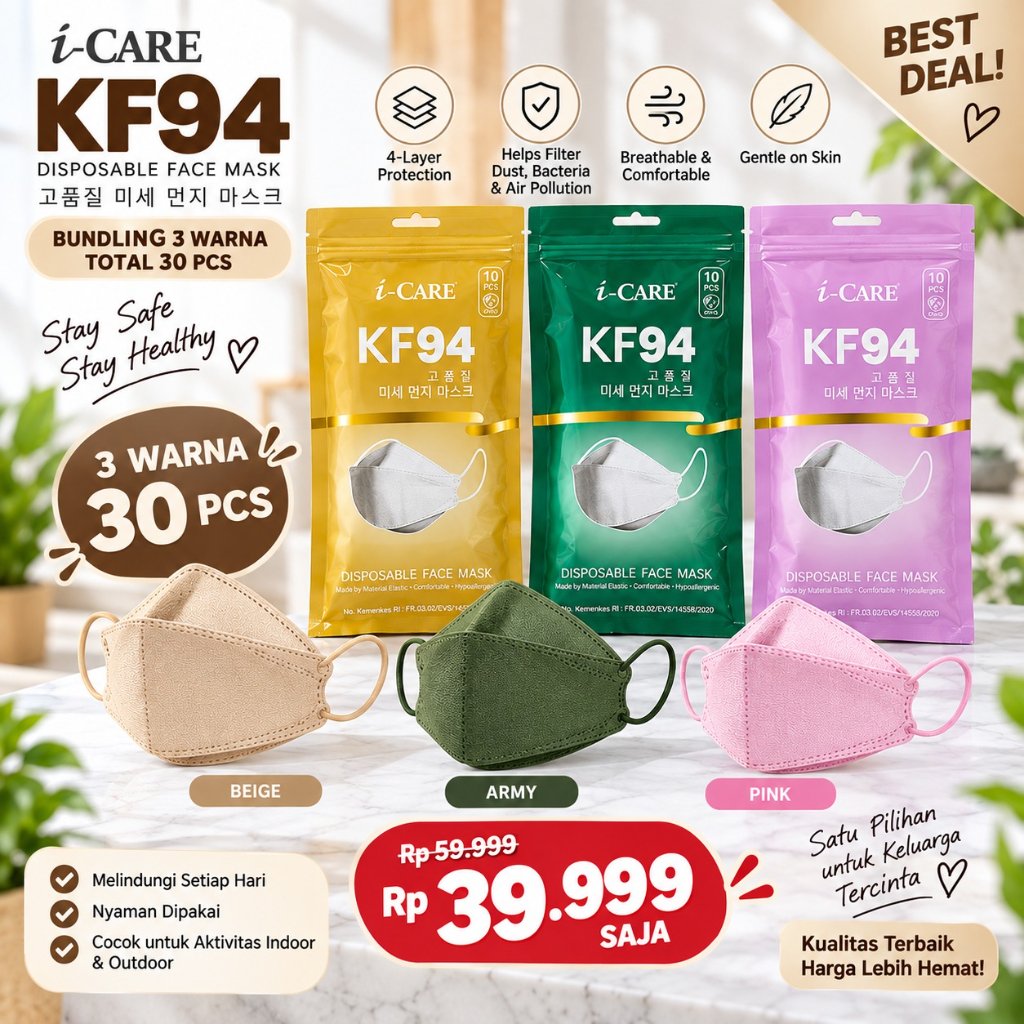 Masker KF94 i-CARE 3 Warna Beige Army Pink Isi 30 PCS | Masker KF94 Dewasa 4 Layer