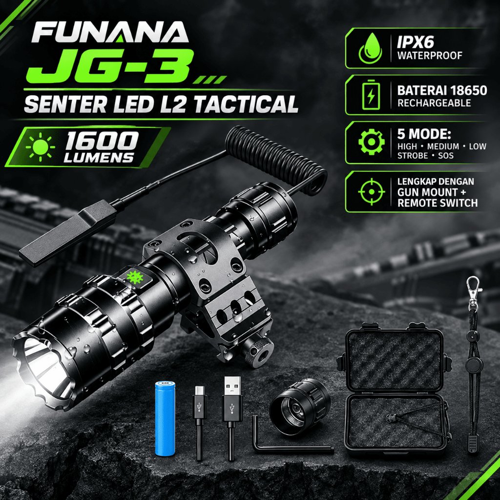 FUNANA Senter LED Senapan Angin Super Terang Anti Air Airsoft Rifle L2 with Mount dan Baterai