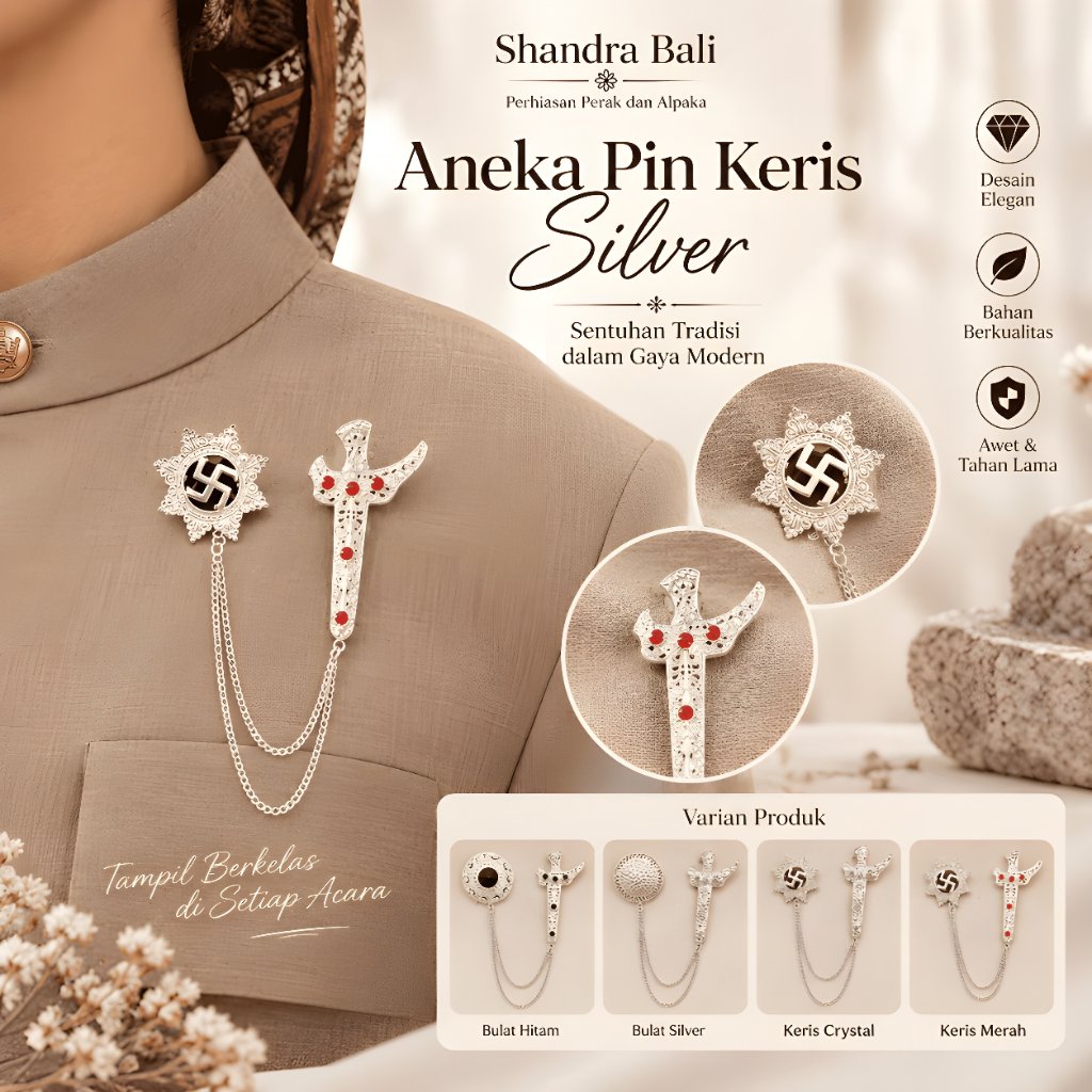 Shandra Bali - Bros / Pin Rantai Untuk Pria Motif Keris Swastika Bulat Warna Silver Perak Alpaka