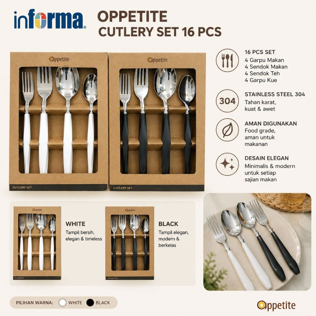 Set Sendok Garpu Informa Oppetite Set Sendok Garpu 16 pcs Stainless Steel 304 Putih Hitam