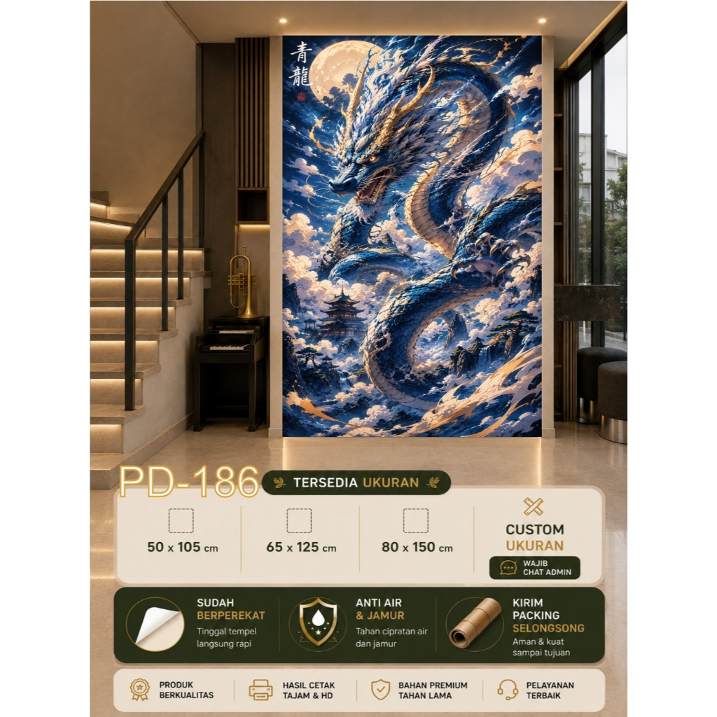 Wallpaper Custom 3D Naga Es Biru Keren Dekorasi Dinding , Wallpaper Dinding 3D Naga Keren Murah