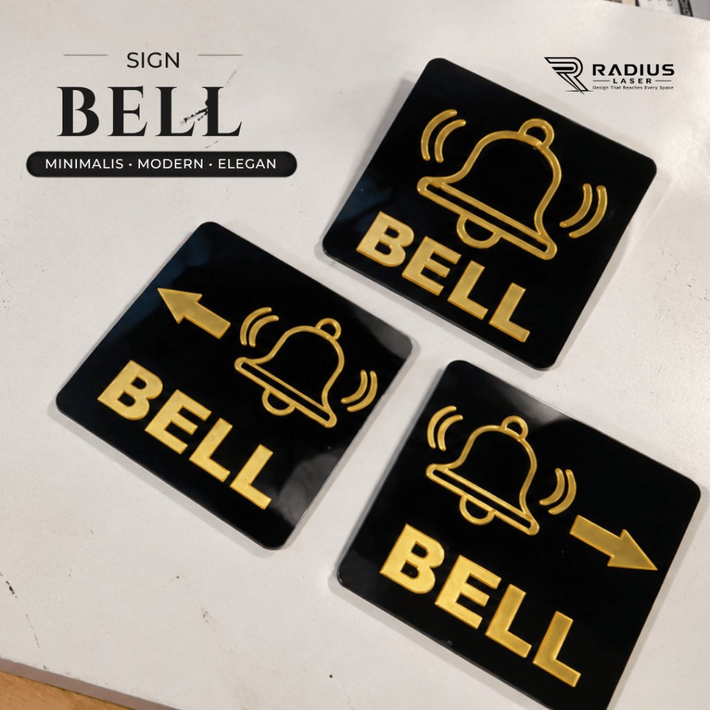 Sign Akrilik Bell Elegan Modern Pop-Up Gold Mirror Gold & Hitam Glossy | Radius Laser Sign Signature
