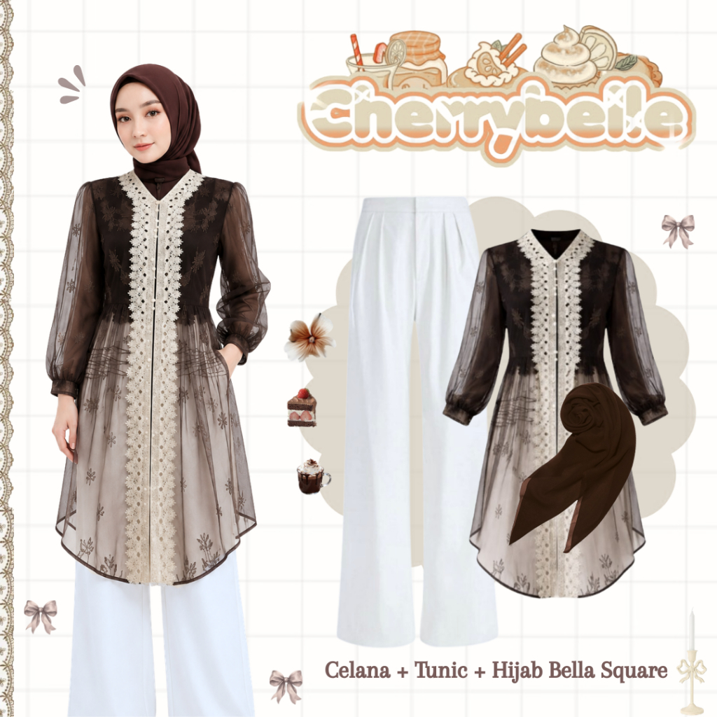 Cherrybeile Outfit Kondangan Wanita Hijab Friendly (Tunik Brukat + Celana Kulot + Hijab) |10