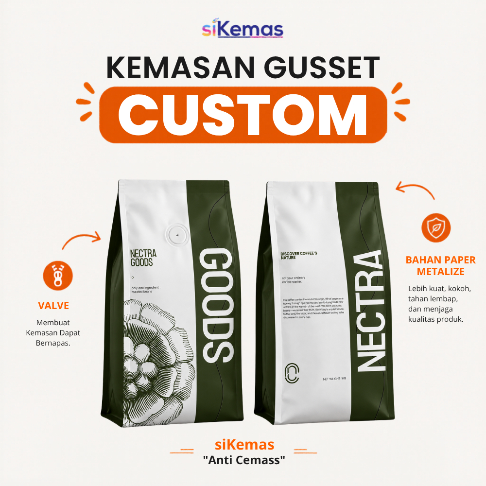 CETAK KEMASAN GUSSET CUSTOM | KEMASAN GUSSET VALVE | KEMASAN BIJI KOPI CUSTOM