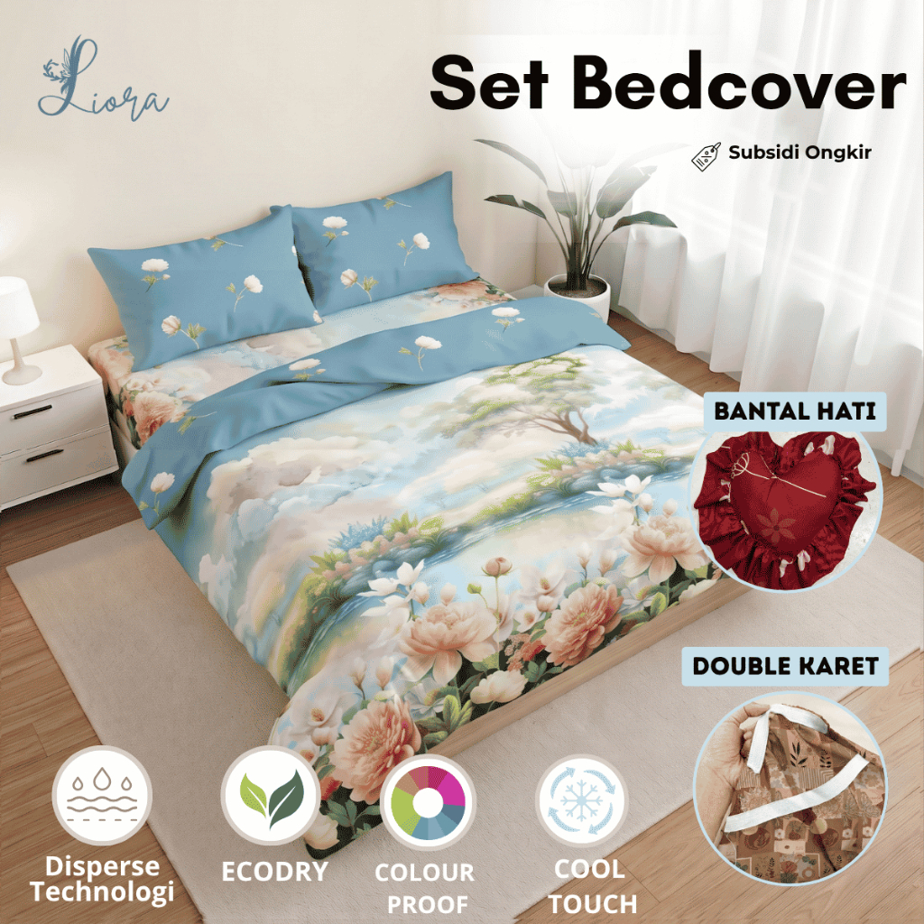 Liora Bedcover Set + Bantal Hati + Sprei Flat Ukuran King & Queen