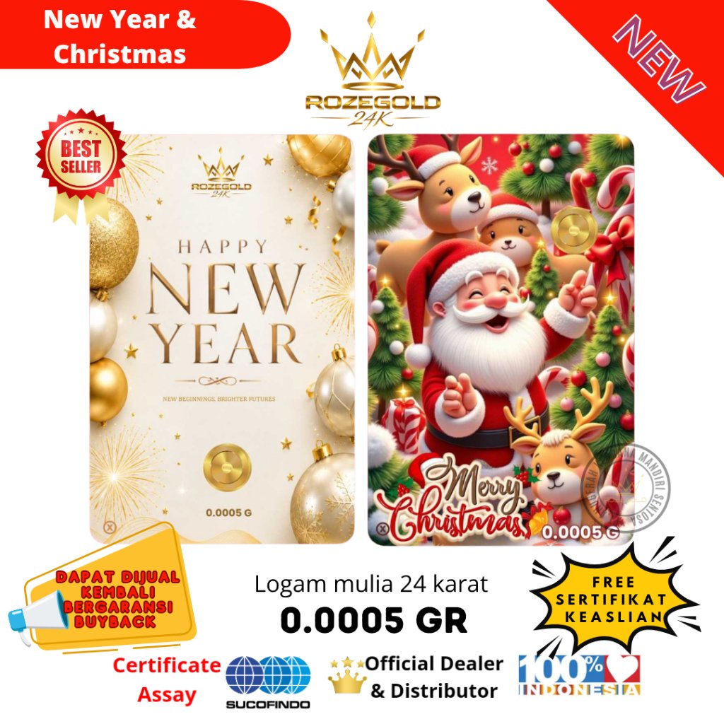 ROZEGOLD EMAS MINI EDISI MERRY CHRISTMAS & NEW YEAR 0.0005 GRAM LOGAM MULIA