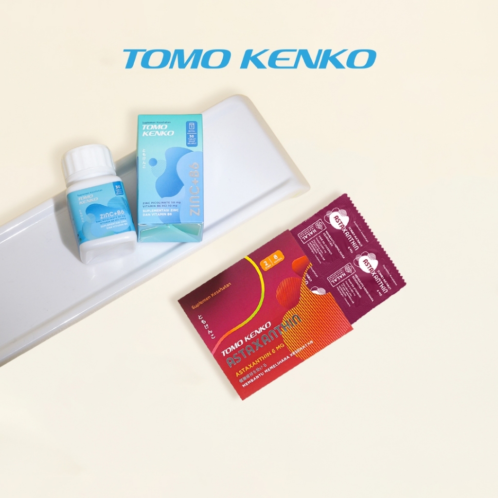 Tomo Kenko Combo Zinc + Vitamin B6 1 Botol dan Astaxanthin 6 mg 1 Sleeve | Zinc Plus Astaxanthin