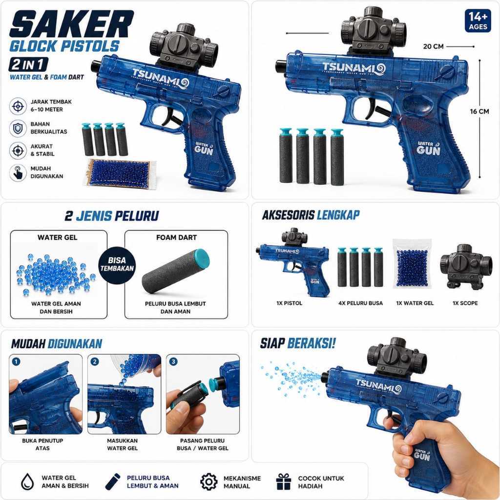 Saker Glock Pistols Water Gel Gun 2 in 1 Mainan Pistol Water Gel & Peluru Busa Foam Dart + Scope Ana