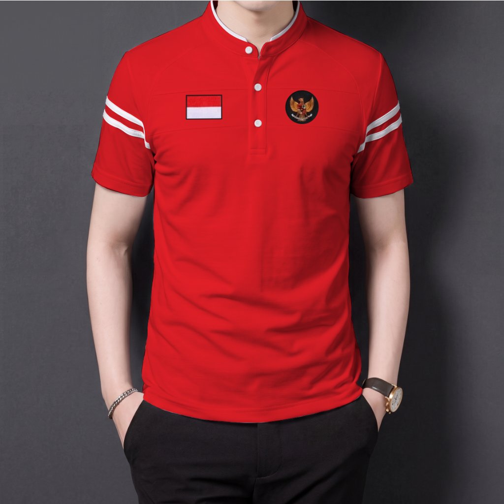 kaos kerah Shanghai logo Bender merah putih dan Garuda,  logo bordir