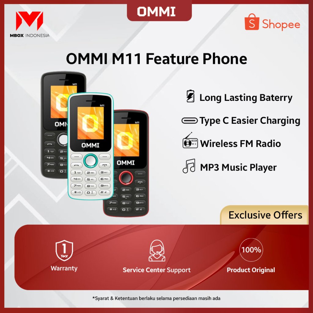 OMMI M11 Feature Phone - dengan Kamera & Video Recorder, USB Type-C, FM Radio Nirkabel, MP3/MP4, Bat