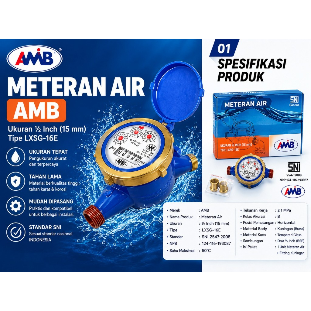 AMB METERAN AIR PDAM  KUNINGAN BESI 1/2 INCH / WATER METER AMB