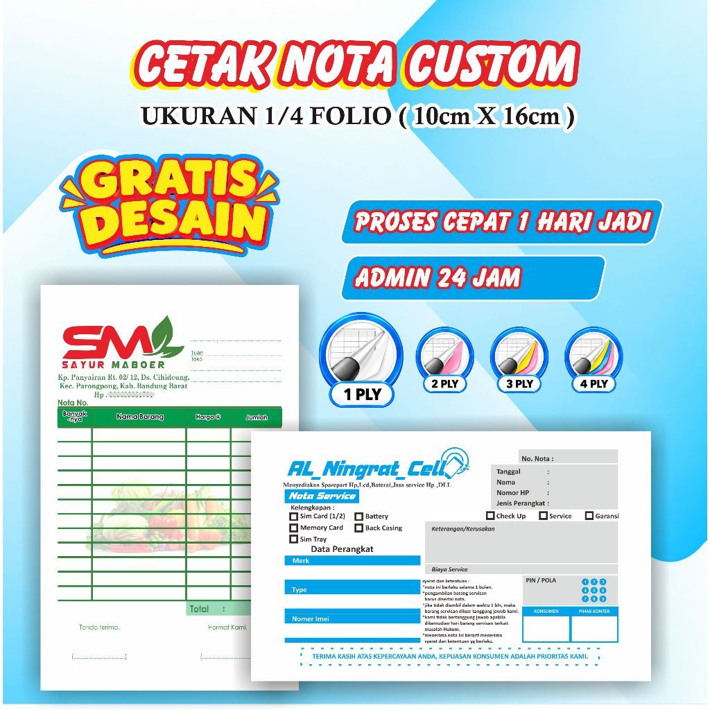 PROMO Cetak Nota Laundry Custom 1/4 Folio 1 Ply HVS isi 50 lembar Gratis Desain Nota Laundry Kiloan