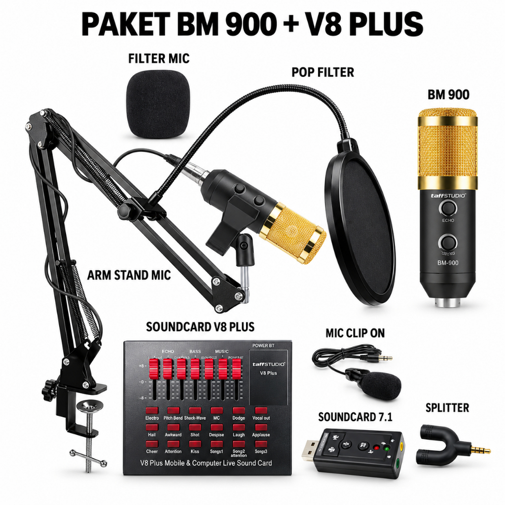 Paket Mikrofon BM 900 Soundcard V8 Plus Lengkap Stand Mic untuk Live Streaming Recording Podcast Kar