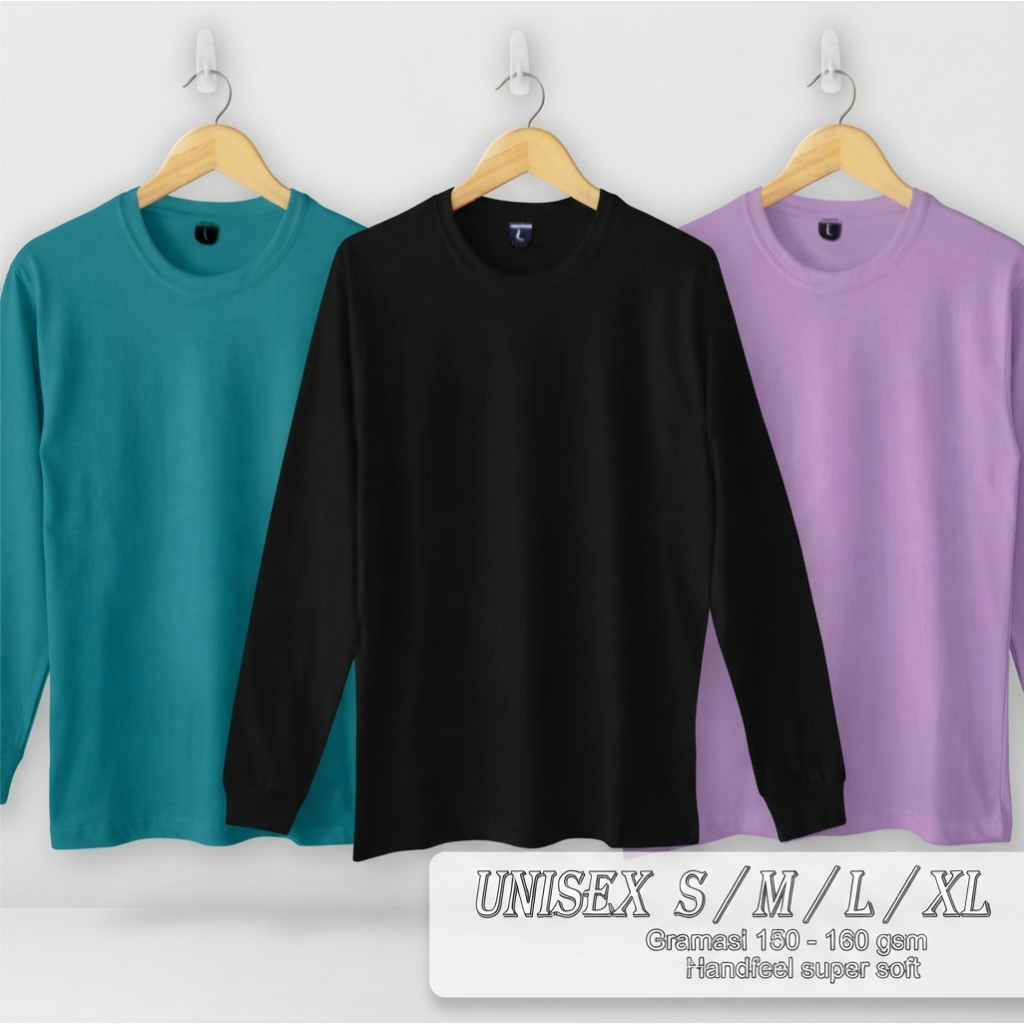 Sabriya Kaos Polos Pria Wanita Lengan Panjang Ujung RIB Karet Katun Combed 30s Premium Overdek 3 Jar